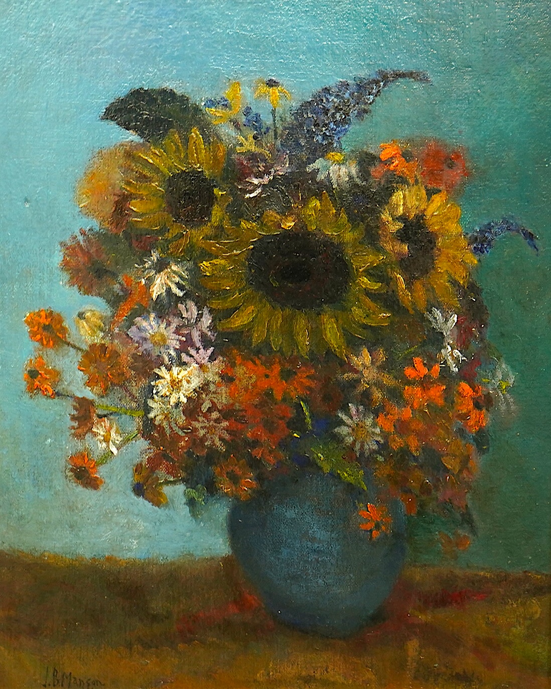 James Bolivar Manson (English, 1879-1945), Still life of sunflowers and other blooms in a blue vase, oil on board, 43 x 34cm